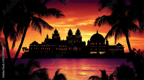 Majestic Architectural Silhouette Against Vibrant Sunset with Palm Trees by Tranquil Sea - Stunning Vector Art Landscape for Tropical Paradise Dream