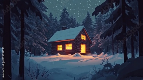 A secluded winter forest with a log cabin tucked between snowy trees, its windows glowing warmly in the cold.