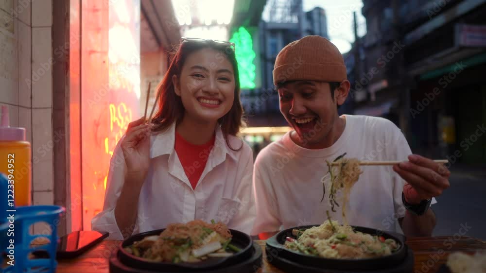 Happy young couple enjoying food and local noodles together at a street food market in Bangkok, two asian people sharing fun moments and love while exploring food culture in a restaurant.
