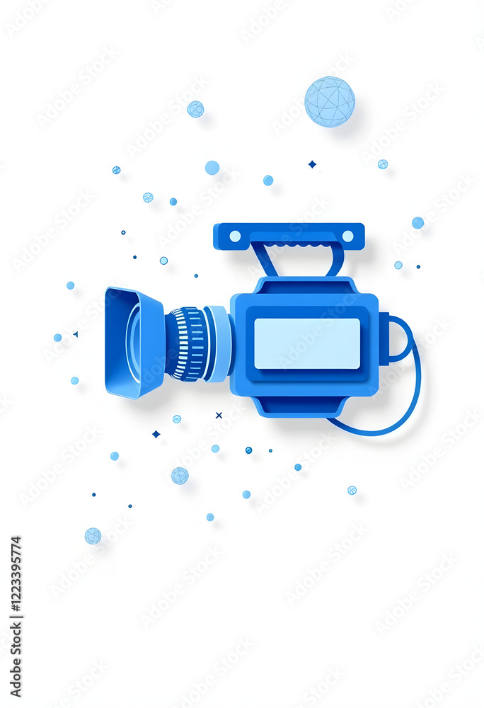 Obraz premium Video camera concept. Cinema mesh spheres from flying debris. Thin line concept. Blue structure style illustration, flat papercut style, with white tones