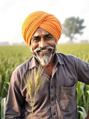 A happy Indian Punjabi farmer wearing traditional turban standing in front of a wheat farm photo