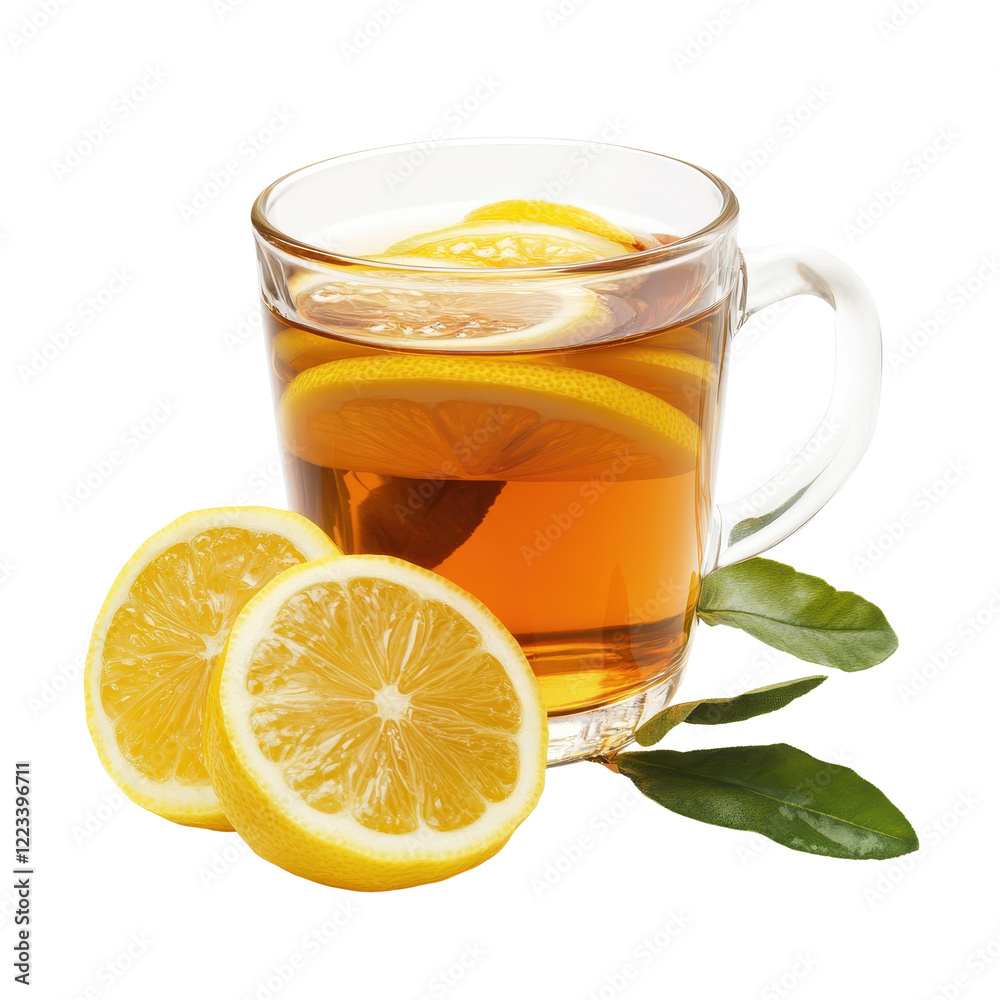 Refreshing lemon tea served in a glass with lemon slices and green leaves on a clean white background, glass of lemon tea isolated on white background Refreshing lemon tea served in a glass with lemon slices and green leaves on a clean white background, glass of lemon tea isolated on white background