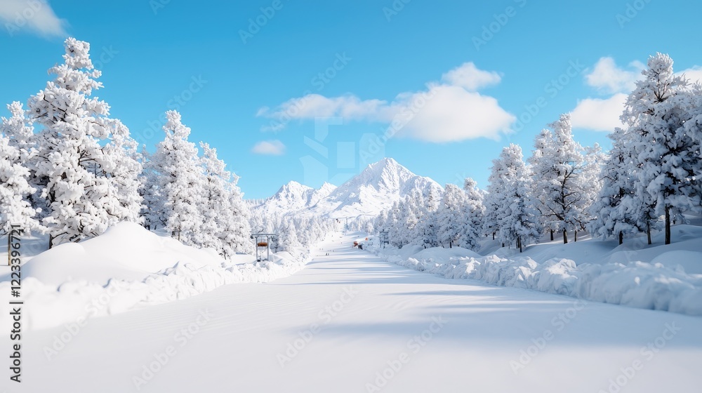 Snowy mountain road, winter landscape, serene travel scene Snowy mountain road, winter landscape, serene travel scene