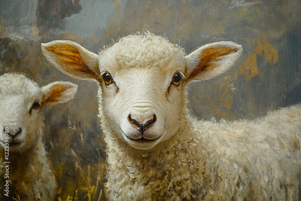 Cute lamb looking directly at the viewer in a pastoral setting with another lamb nearby Cute lamb looking directly at the viewer in a pastoral setting with another lamb nearby