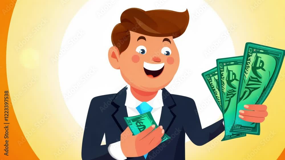 A cheerful animated businessman holding cash in hand with a wide smile. This fun and energetic concept highlights success, prosperity, and financial achievement. A cheerful animated businessman holding cash in hand with a wide smile. This fun and energetic concept highlights success, prosperity, and financial achievement.
