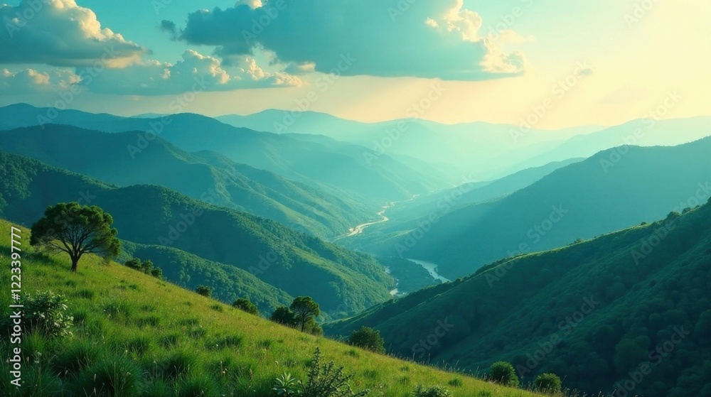 Obraz premium Serene Vista Rolling Green Hills and a Winding River Valley at Sunset