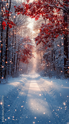 Winter landscape, snowy sunny day. AI generative illustration