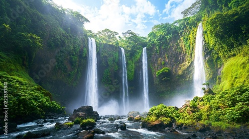 A wide-angle shot of a massive waterfall surrounded by steep cliffs and lush vegetation.