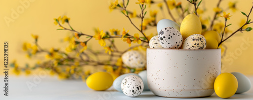 Speckled Eggs with Yellow Mimosa Branches
 photo