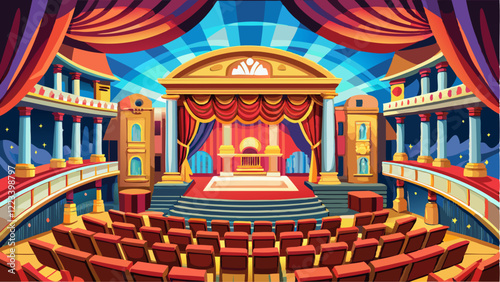 Illustration of a luxurious theater interior with a grand stage, red curtains, ornate columns, and rows of seats in a vibrant classical design