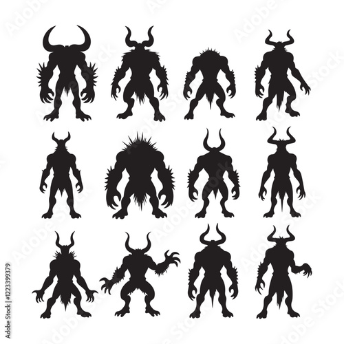 Dark fantasy silhouettes, demonic creatures, horned beings, shadowy figures, muscular humanoid forms 