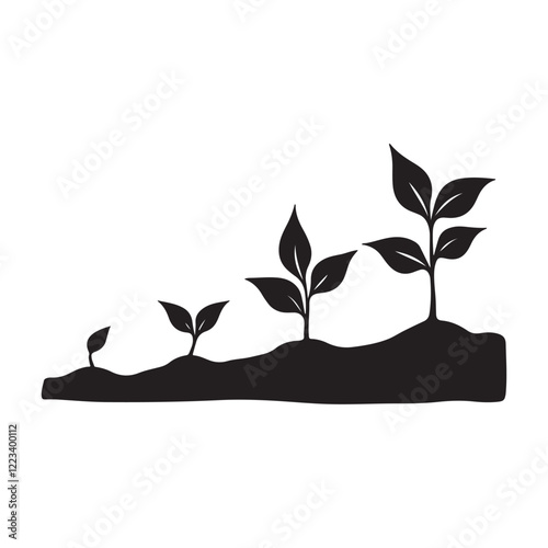 Plant growth stages, silhouette, seedlings to mature plant 