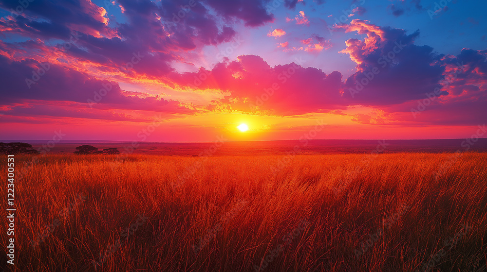 Obraz premium Vibrant sunset over a serene open field and colorful sky.