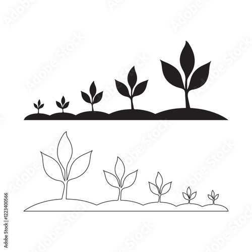 Plant growth stages, silhouette, seedlings to mature plant 