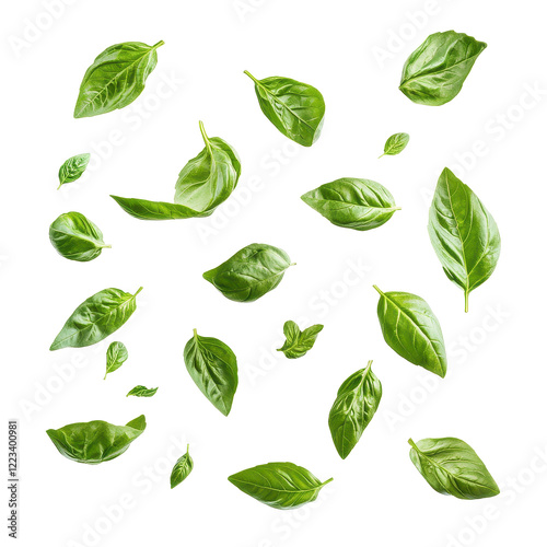 Fresh basil leaves floating in the air on a Transparent background showcasing their vibrant green color and texture, various of green basil leaves in the air isolated on PNG background