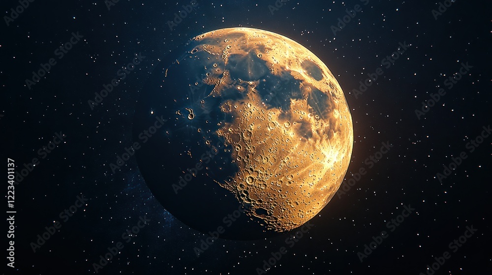 Naklejka premium Golden Moon, Space, Cratered Surface, Nebula Background, Sci-Fi