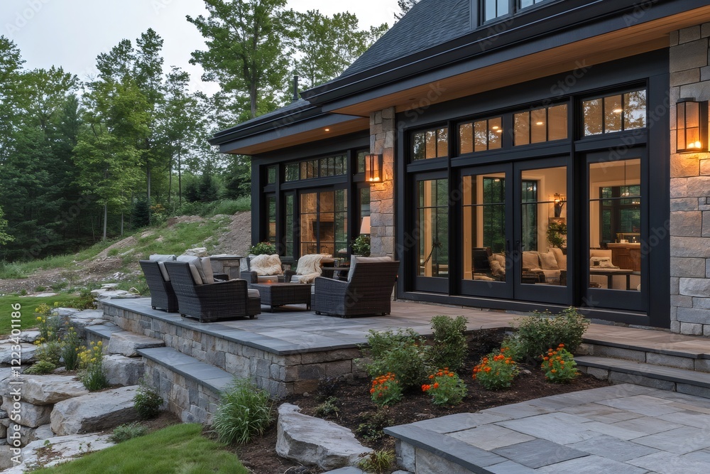 Fototapeta premium Modern black country house with large patio doors overlooking relaxing outdoor seating area