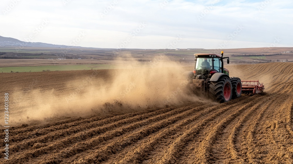 Fototapeta premium Tractor cultivates soil in a field during a vibrant sunset, surrounded by rolling hills and a lone tree near a rustic barn