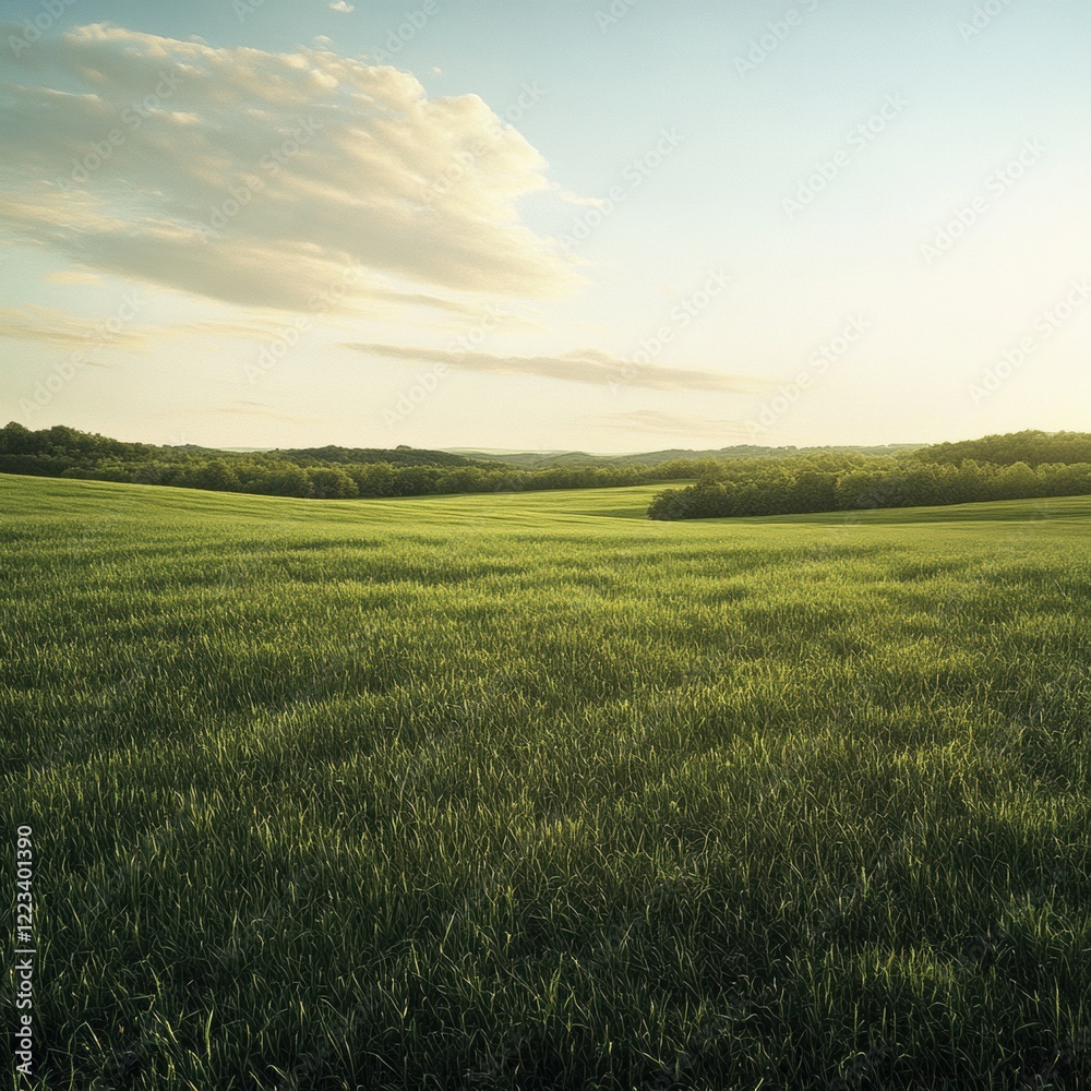 Fototapeta premium Lush green meadow at sunset with distant trees and a calm sky. Generative AI