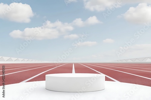 Contemporary white podium on a dynamic sports field background, perfect for athletic and sporty product presentations.