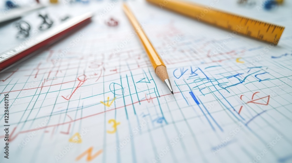 Graph paper with geometric drawings and pencils for mathematical concepts Graph paper with geometric drawings and pencils for mathematical concepts