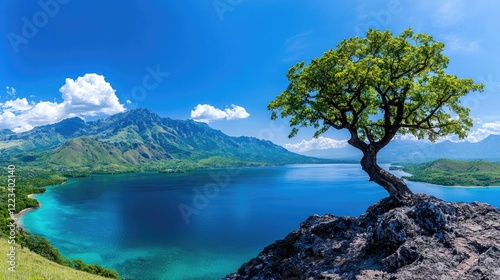 Wallpaper Mural Solitary tree on cliff overlooking serene lake and mountains; idyllic landscape, perfect for travel brochures Torontodigital.ca