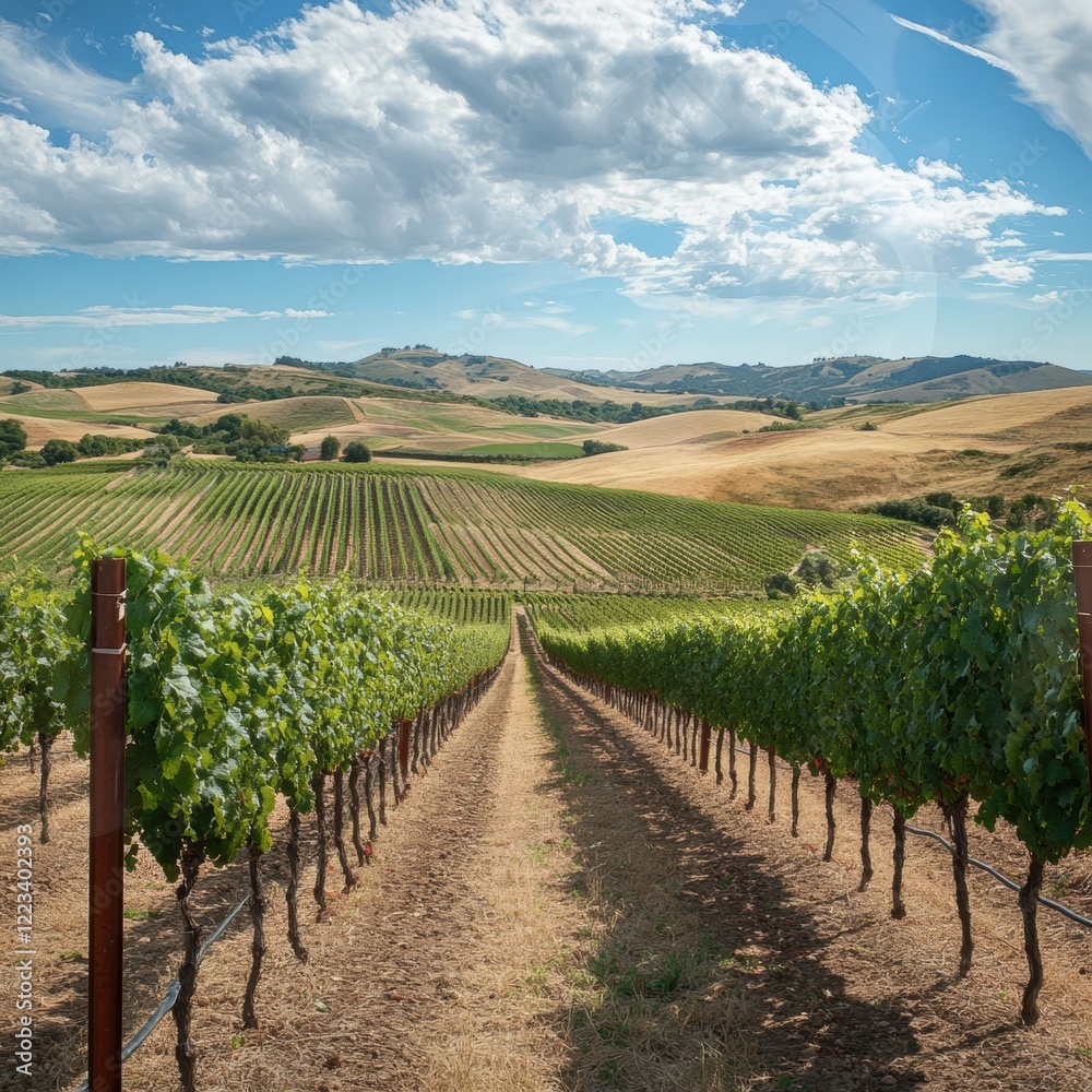 Fototapeta premium Lush green vineyards stretch across rolling hills under a bright blue sky with scattered clouds during a sunny day. Generative AI