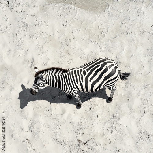 Aerial view Zebra walking on sandy beach, ocean background, wildlife photography photo