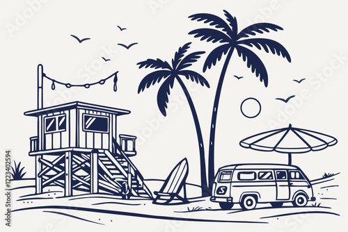 Beach scenes, lifeguard towers, palm trees, hammock, vintage van, surfboards, beach umbrella, beach houses, monochromatic blue ink drawing, coastal lifestyle, tropical vacation, retro summer vibe