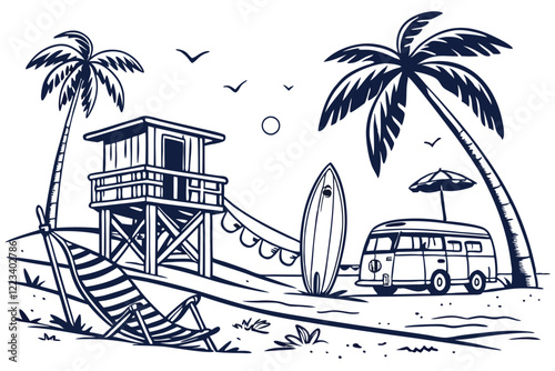 Beach scenes, lifeguard towers, palm trees, hammock, vintage van, surfboards, beach umbrella, beach houses, monochromatic blue ink drawing, coastal lifestyle, tropical vacation, retro summer vibe