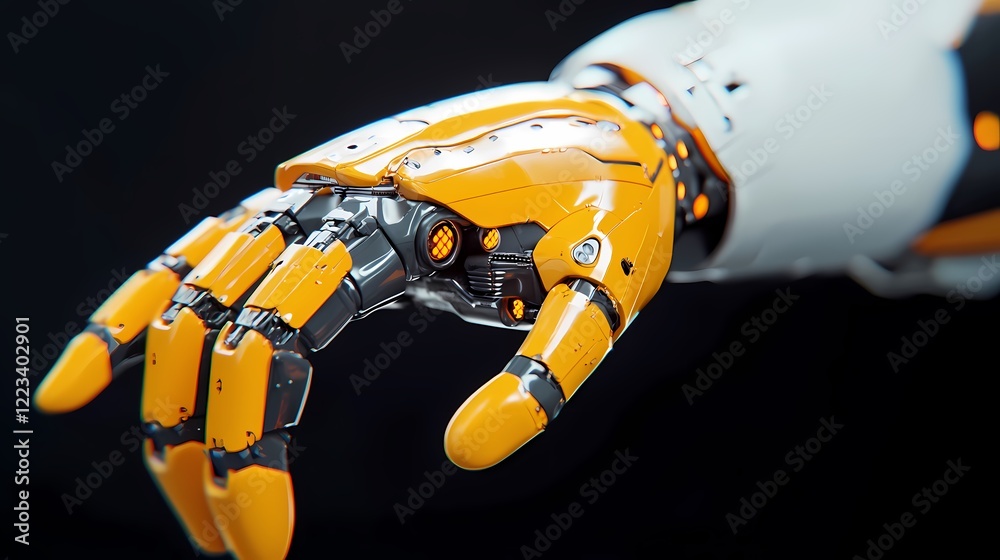 A futuristic robotic hand with intricate mechanisms and vibrant orange highlights against a dark background. A futuristic robotic hand with intricate mechanisms and vibrant orange highlights against a dark background.