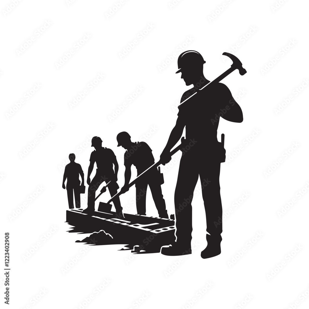 Naklejka premium Silhouette of construction workers, industrial scene, group of laborers