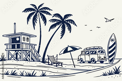 Beach scenes, lifeguard towers, palm trees, hammock, vintage van, surfboards, beach umbrella, beach houses, monochromatic blue ink drawing, coastal lifestyle, tropical vacation, retro summer vibe