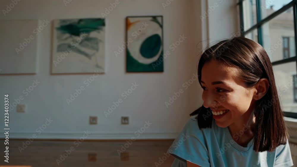 young woman dressed in casual attire sits on the floor, cheerfully smiling in a bright studio environment young woman dressed in casual attire sits on the floor, cheerfully smiling in a bright studio environment