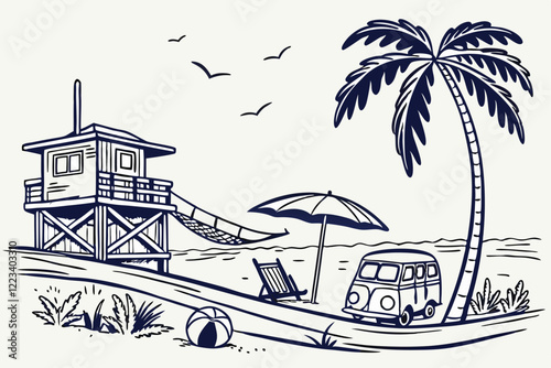 Beach scenes, lifeguard towers, palm trees, hammock, vintage van, surfboards, beach umbrella, beach houses, monochromatic blue ink drawing, coastal lifestyle, tropical vacation, retro summer vibe