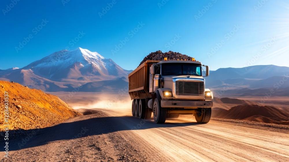 Obraz premium Heavy Dump Truck Transporting Rocks in Mountainous Landscape