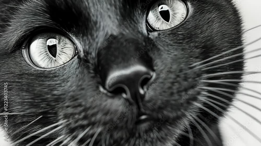 Black cat with striking eyes gazes directly at the viewer in a close-up shot with high contrast lighting