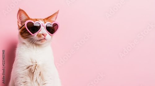 White and orange cat wearing pink heart-shaped sunglasses on a soft pink background. Perfect for Valentine’s Day promotions, pet-themed marketing, and playful designs photo