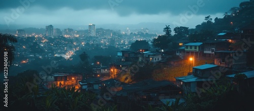 Nightfall over a hillside city: a panoramic view of illuminated houses clinging to the slopes, under a moody twilight sky, overlooking a sprawling metropolis.