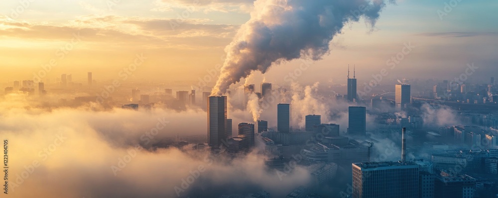 Obraz premium Sunrise Cityscape: A Breathtaking Panorama of Urban Fog and Industrial Smoke