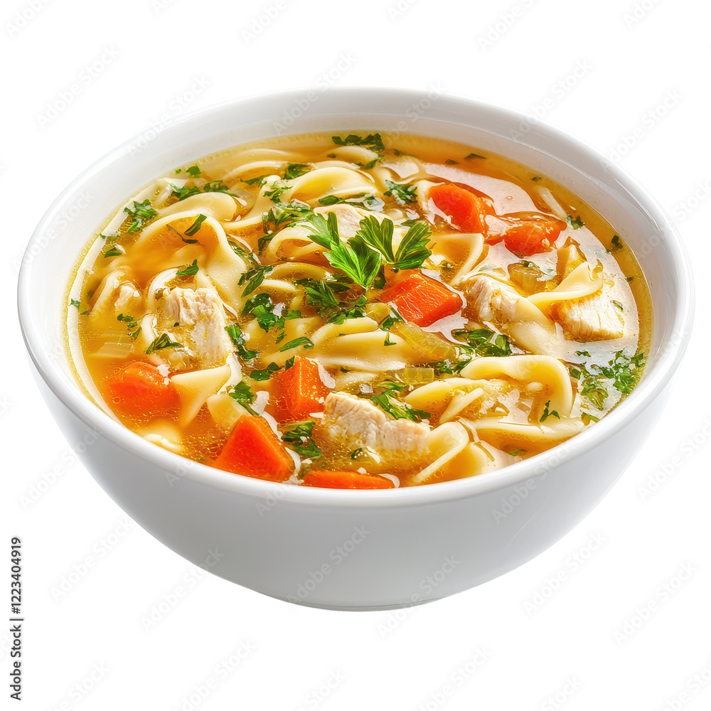 Comforting chicken noodle soup served in a white bowl against a plain white background, Chicken noodle soup isolated on white background Comforting chicken noodle soup served in a white bowl against a plain white background, Chicken noodle soup isolated on white background