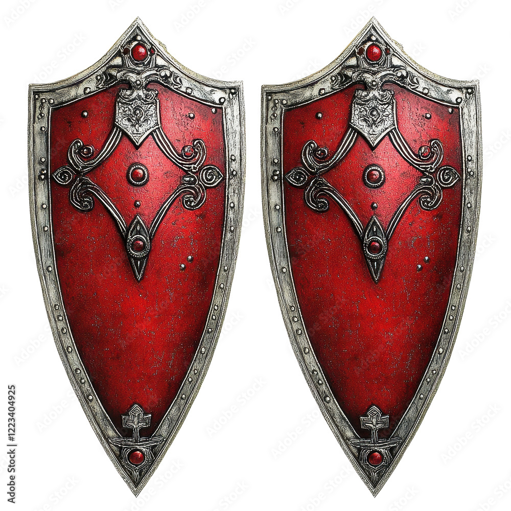 Fototapeta premium Red medieval knight shields with silver details highlight craftsmanship and historical importance, Red Medieval Knight Shields with Silver Detailing Isolated on Transparent background