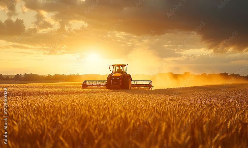 Fototapeta premium Tractor harvesting golden wheat in a sunlit field at sunset with dramatic skies and glowing crops, symbolizing agriculture and abundance sunset 