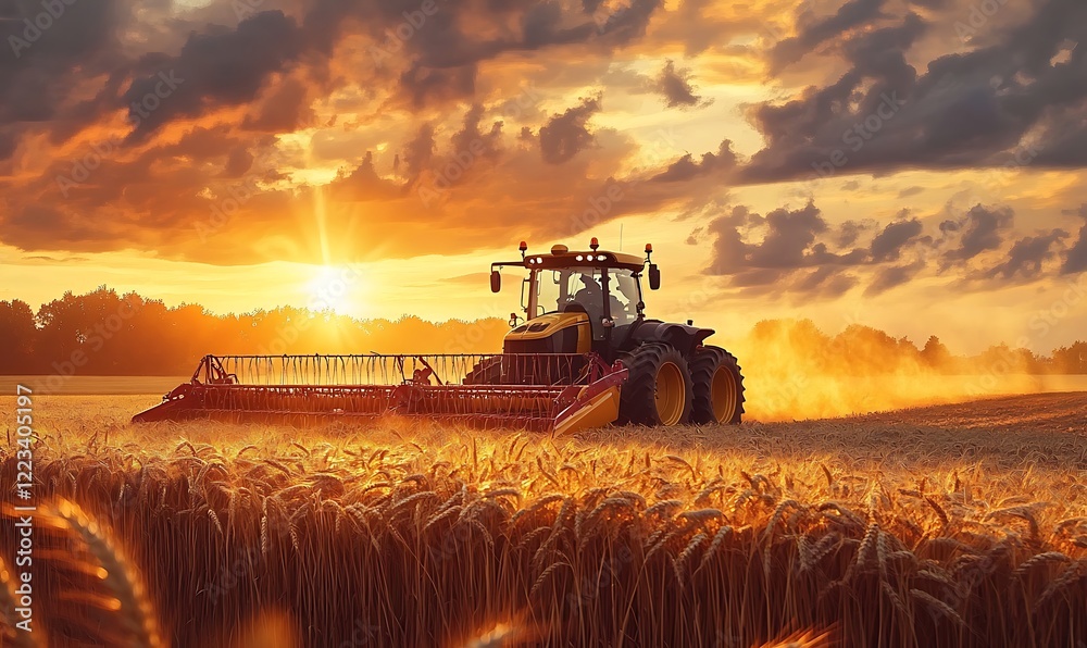 Fototapeta premium Tractor harvesting golden wheat in a sunlit field at sunset with dramatic skies and glowing crops, symbolizing agriculture and abundance sunset 