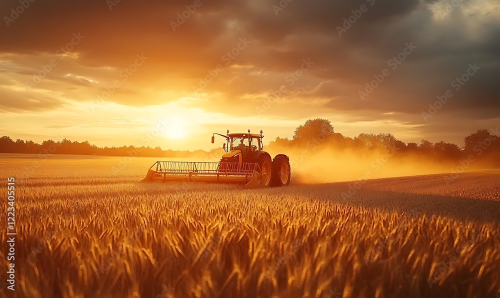 Fototapeta premium Tractor harvesting golden wheat in a sunlit field at sunset with dramatic skies and glowing crops, symbolizing agriculture and abundance sunset 