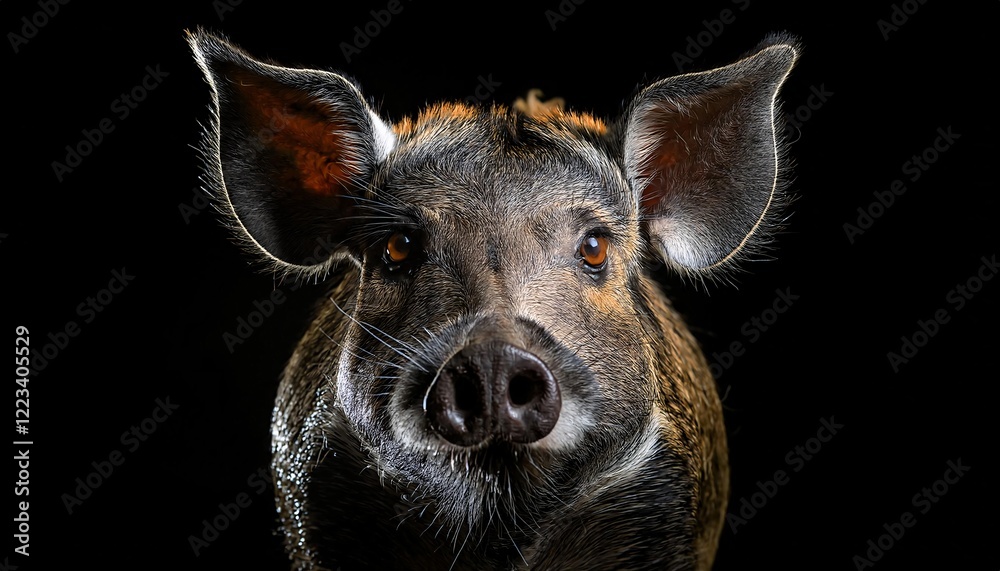 close-up front-facing portrait of a pig with sharp, alert eyes and expressive ears, highlighting unique facial details and natural textures
close-up front-facing portrait of a pig with sharp, alert eyes and expressive ears, highlighting unique facial details and natural textures
