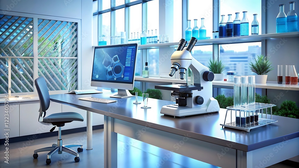 Modern laboratory interior with microscope and computer Modern laboratory interior with microscope and computer
