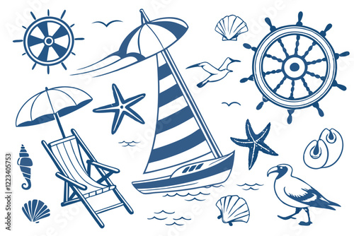 Beach vacation, nautical elements, blue and white illustrations, seashells, crustaceans, boats, beach umbrella, deck chair, seagull, starfish, swimsuit, seahorse, conch shell, sailboat, fishing boat, 