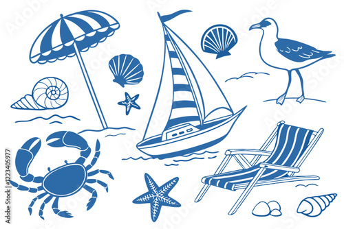 Beach vacation, nautical elements, blue and white illustrations, seashells, crustaceans, boats, beach umbrella, deck chair, seagull, starfish, swimsuit, seahorse, conch shell, sailboat, fishing boat, 