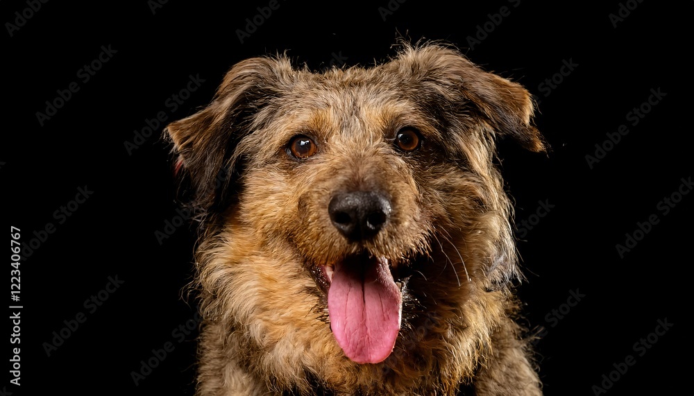 close-up portrait of a shaggy brown dog with bright expressive eyes and tongue out against a dark background
close-up portrait of a shaggy brown dog with bright expressive eyes and tongue out against a dark background